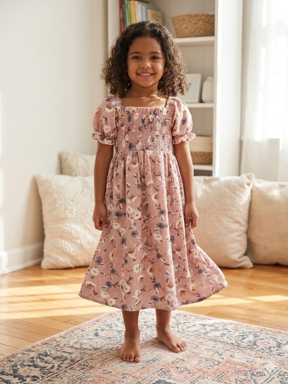 Source Unknown Pink Floral Smocked Puff Sleeve Dress, S4T, EPreLC